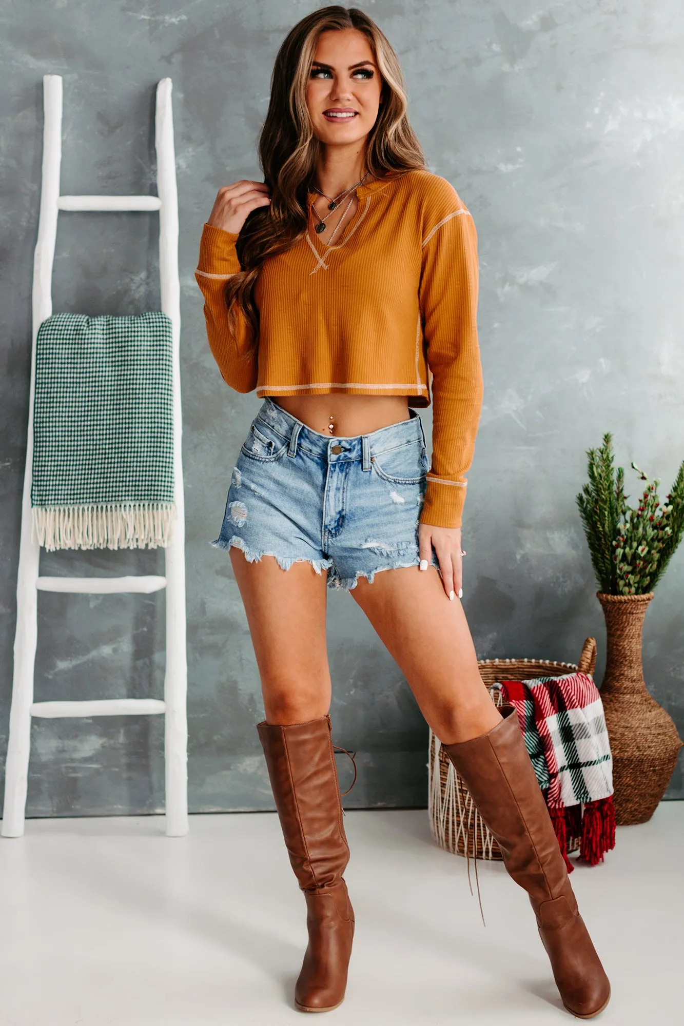 Always Happy V-Notched Thermal Knit Crop Top (Camel)