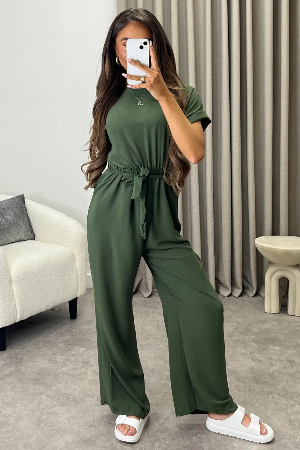 Anny Khaki Short Sleeve V Neck Plunge Belted Jumpsuit