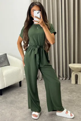 Anny Khaki Short Sleeve V Neck Plunge Belted Jumpsuit