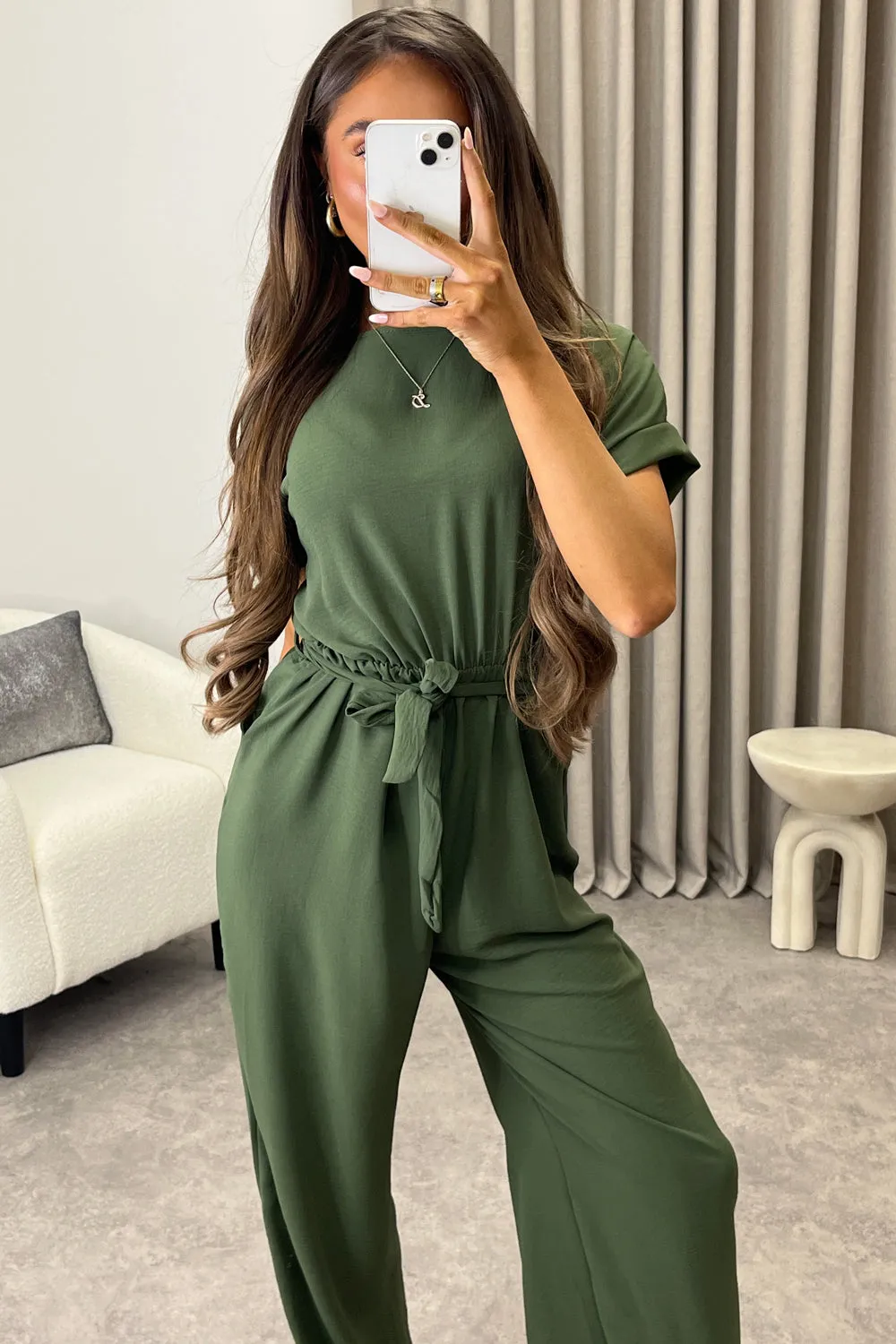 Anny Khaki Short Sleeve V Neck Plunge Belted Jumpsuit