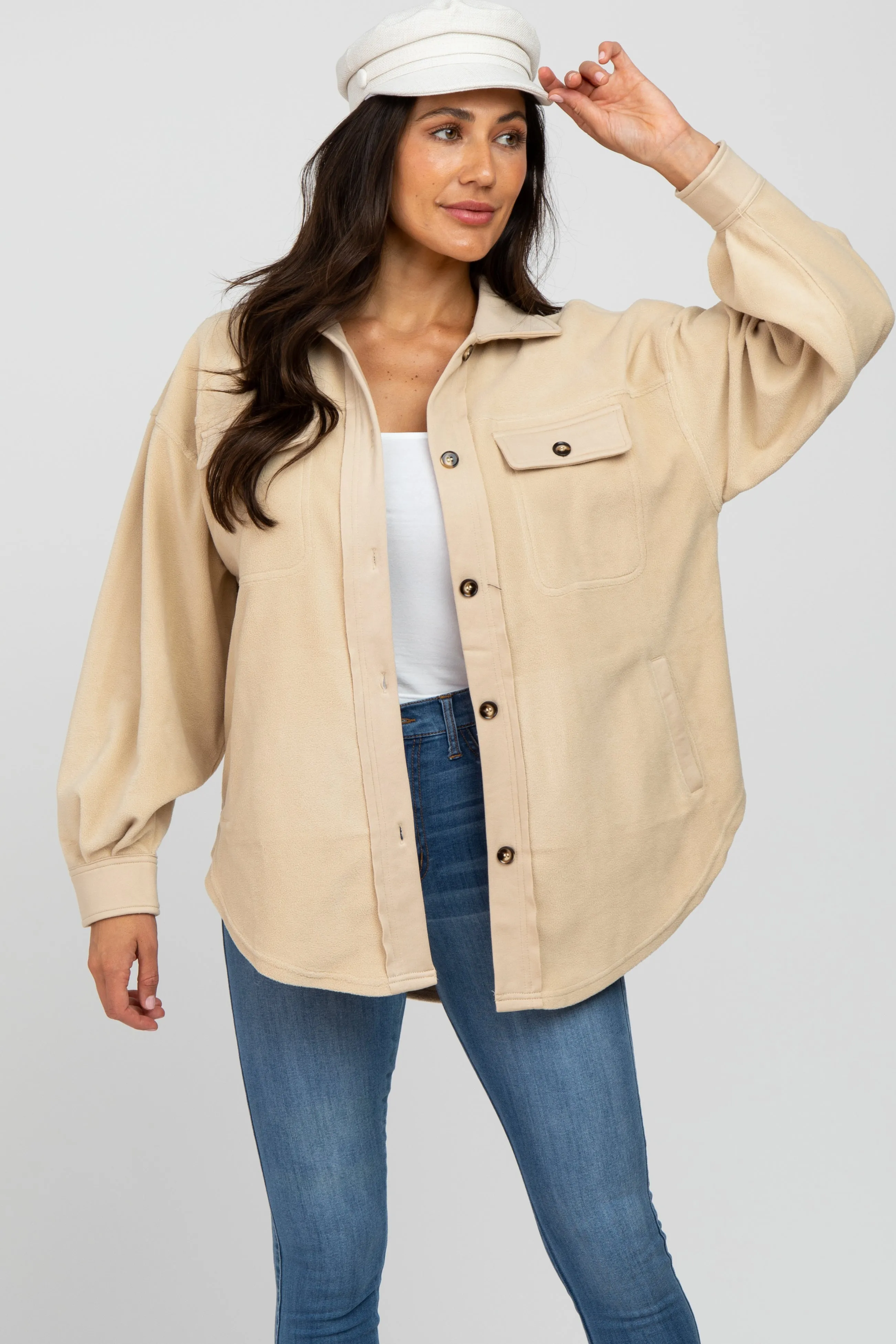 Beige Fleece Button Down Oversized Jacket