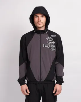 Black Grey Mono Badge Panelled Windbreaker