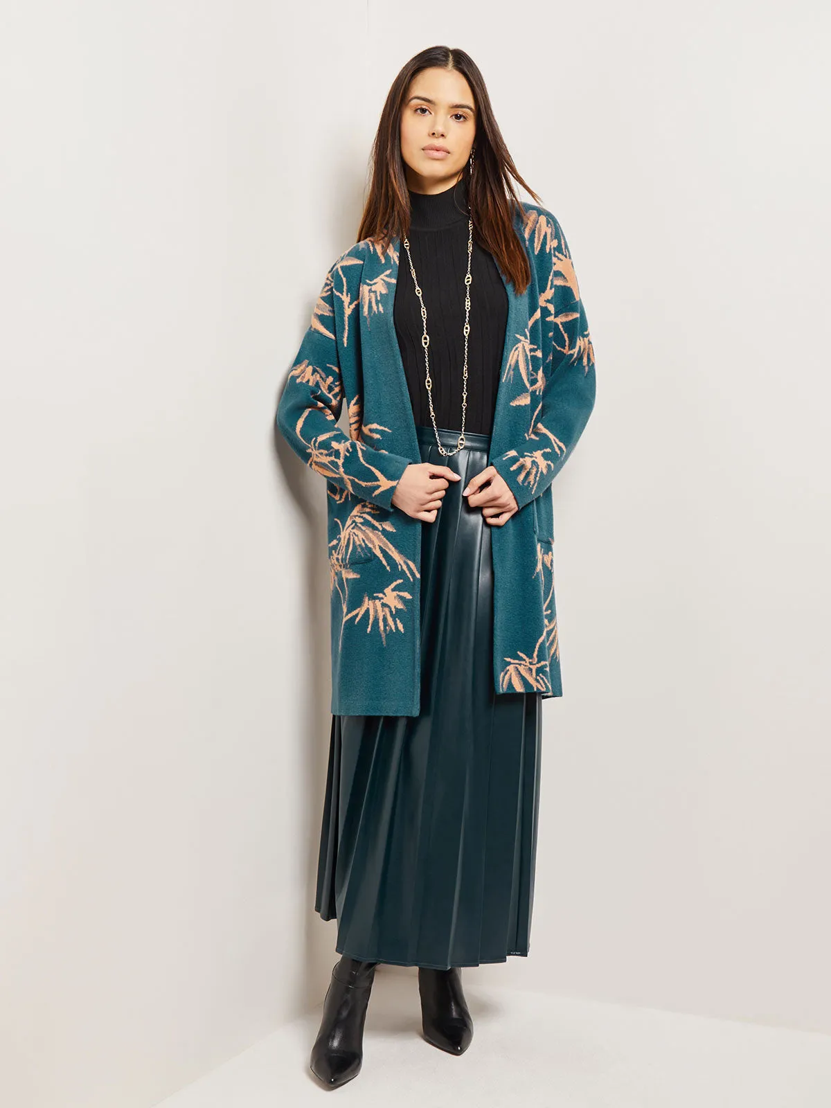 Botanical Print Open Front Long Jacquard Knit Jacket