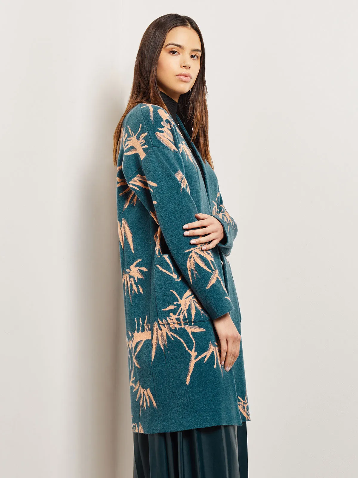 Botanical Print Open Front Long Jacquard Knit Jacket