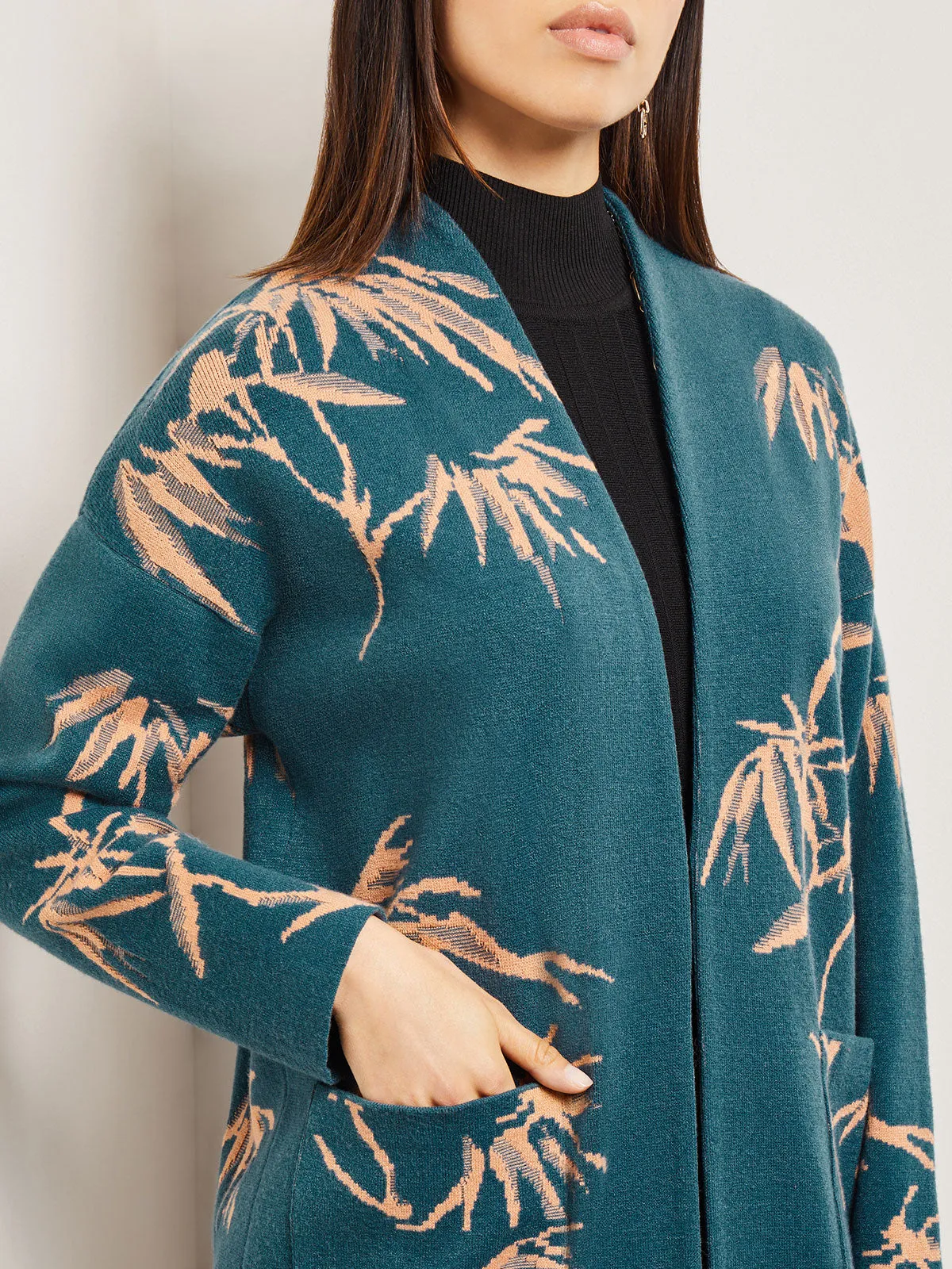 Botanical Print Open Front Long Jacquard Knit Jacket