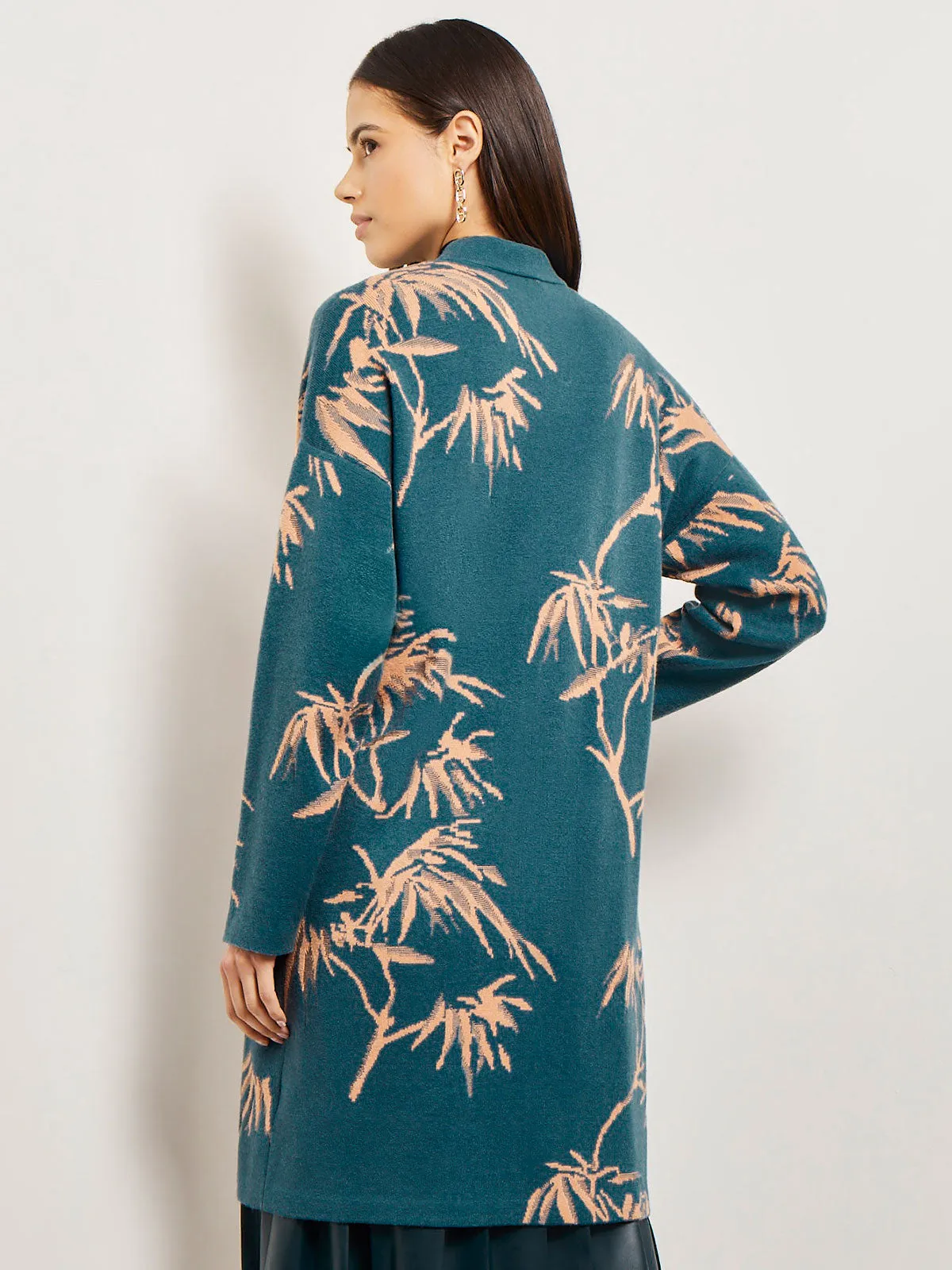 Botanical Print Open Front Long Jacquard Knit Jacket