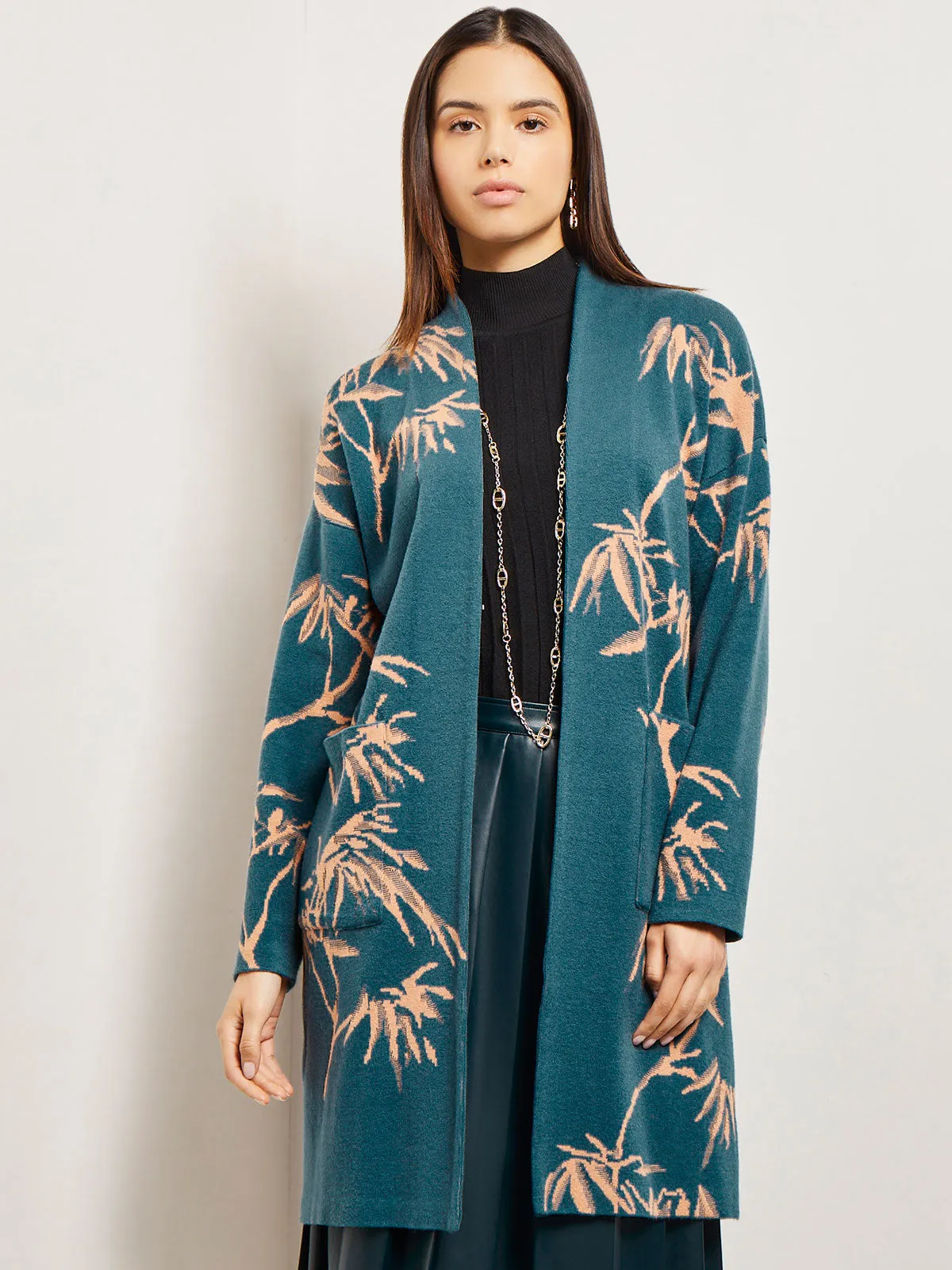 Botanical Print Open Front Long Jacquard Knit Jacket