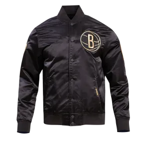 BROOKLYN NETS GOLD LOGO SATIN JACKET (BLACK)