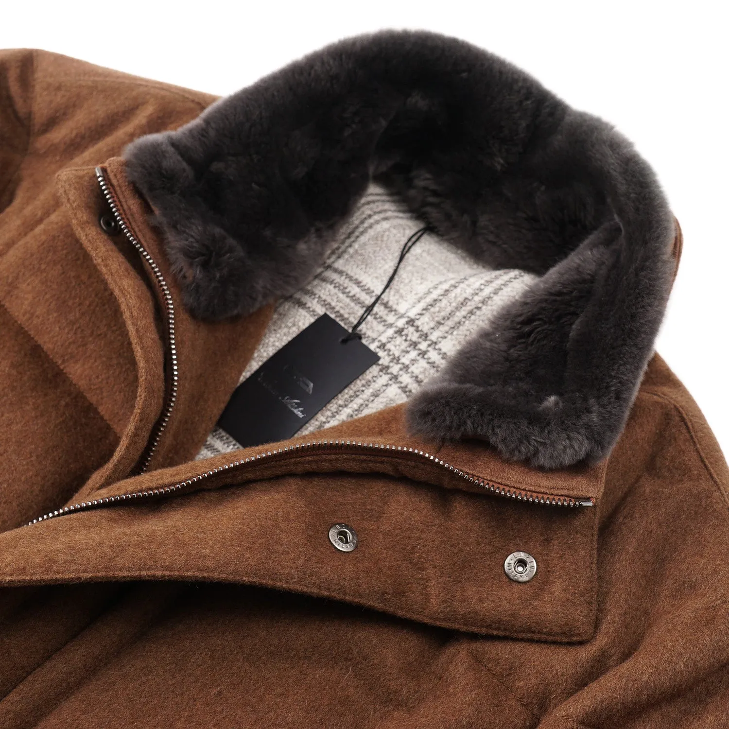 Cesare Attolini Down-Filled Cashmere Coat with Fur Collar