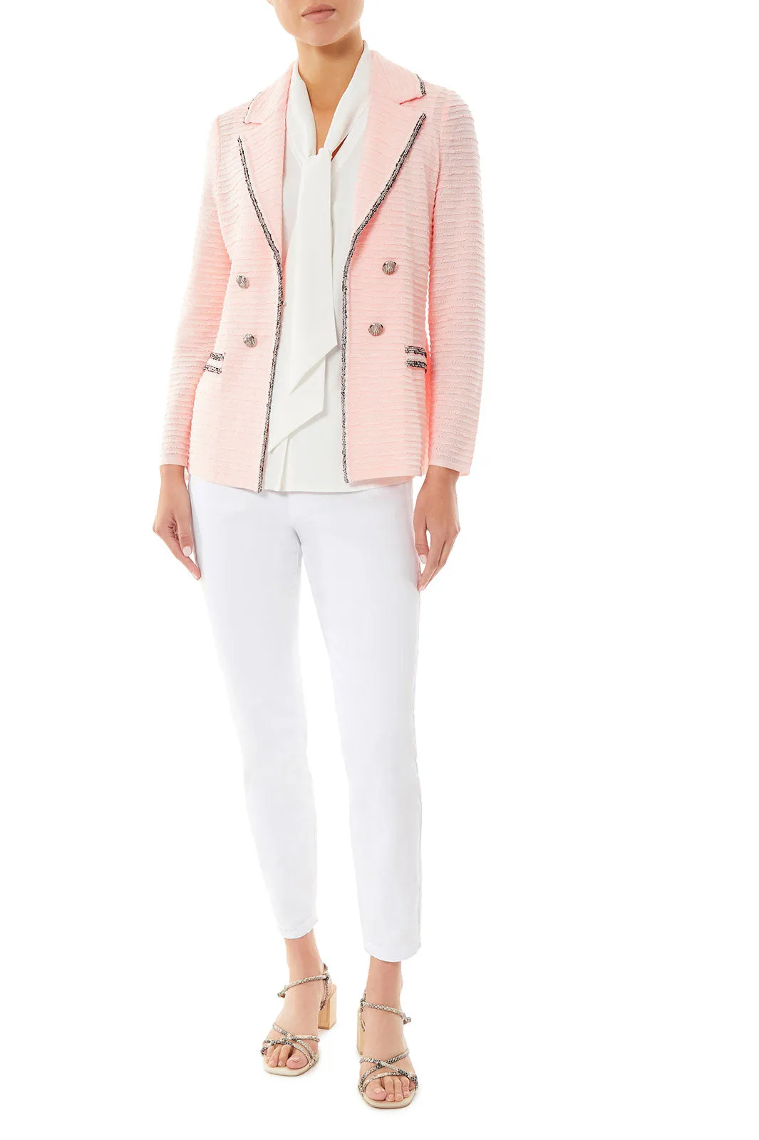 Contrast Trim Textured Knit Jacket, Pink Satin