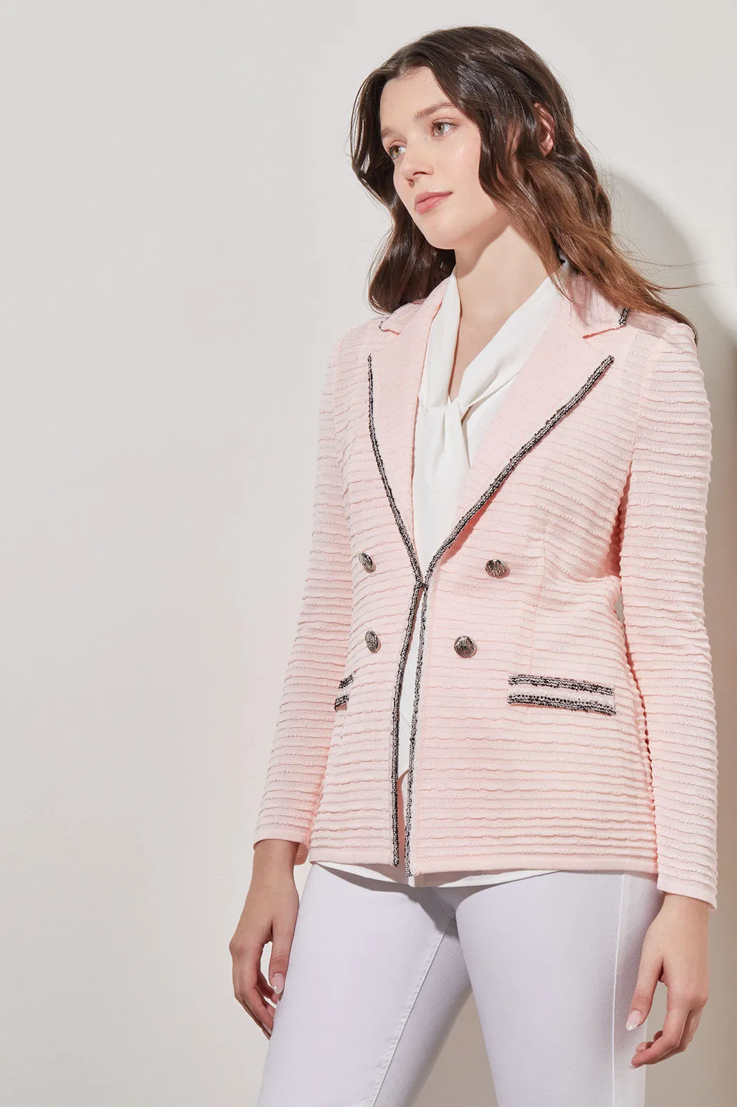 Contrast Trim Textured Knit Jacket, Pink Satin