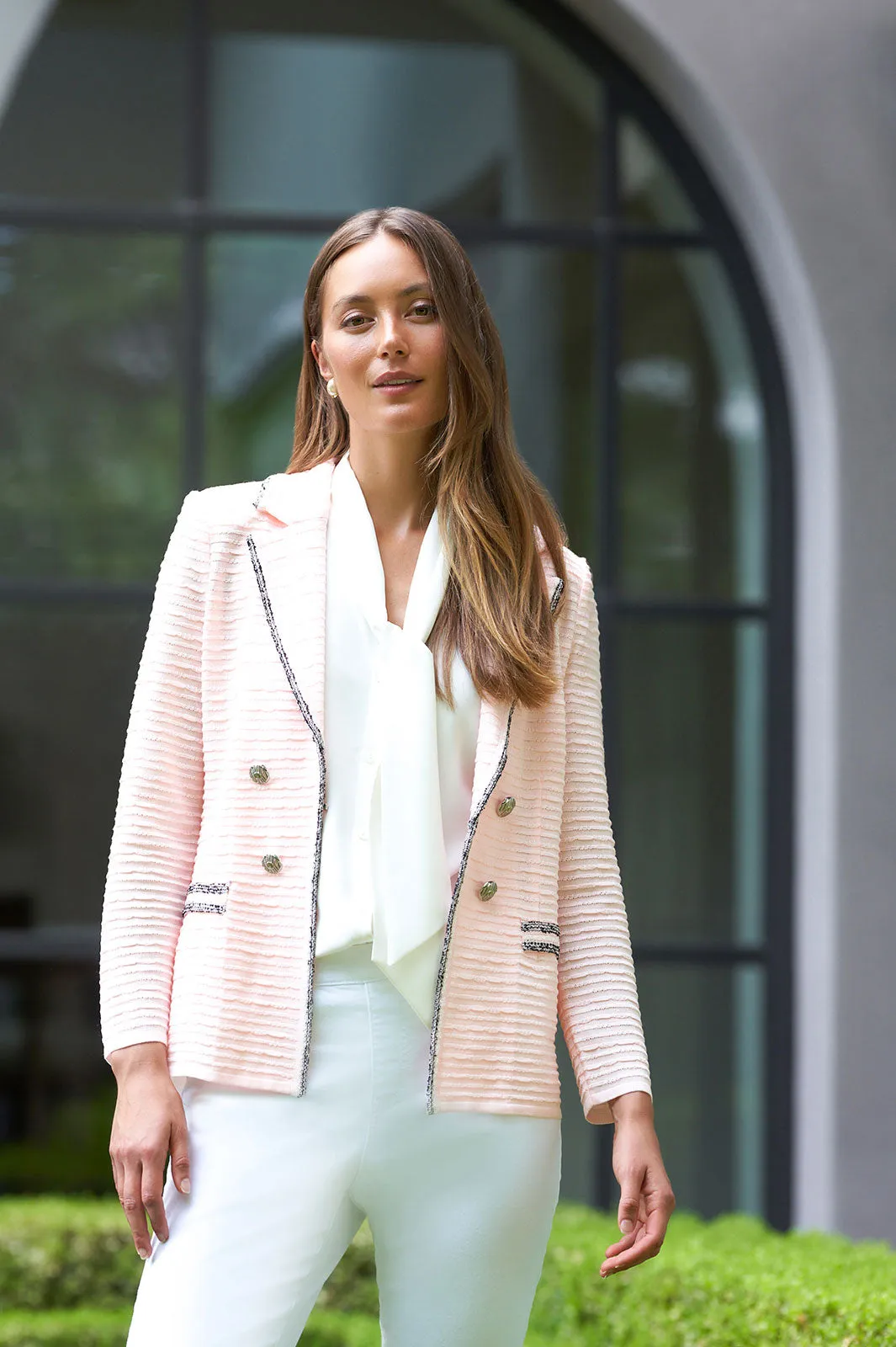 Contrast Trim Textured Knit Jacket, Pink Satin