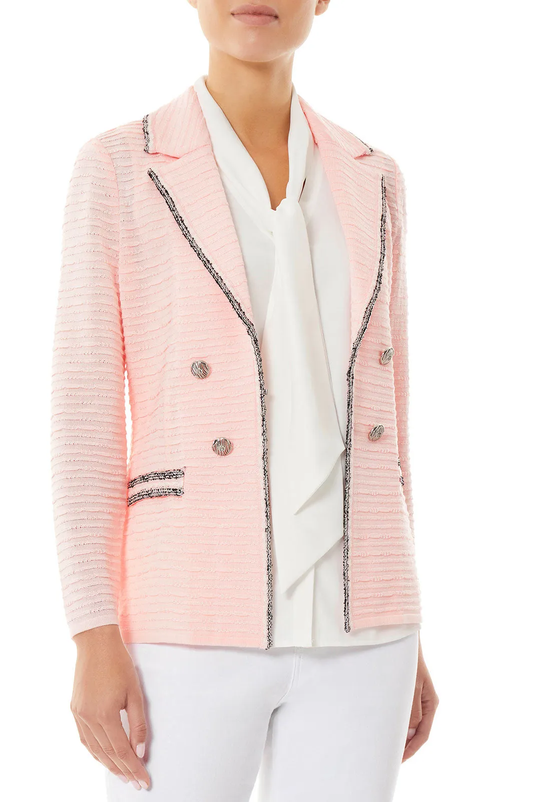 Contrast Trim Textured Knit Jacket, Pink Satin