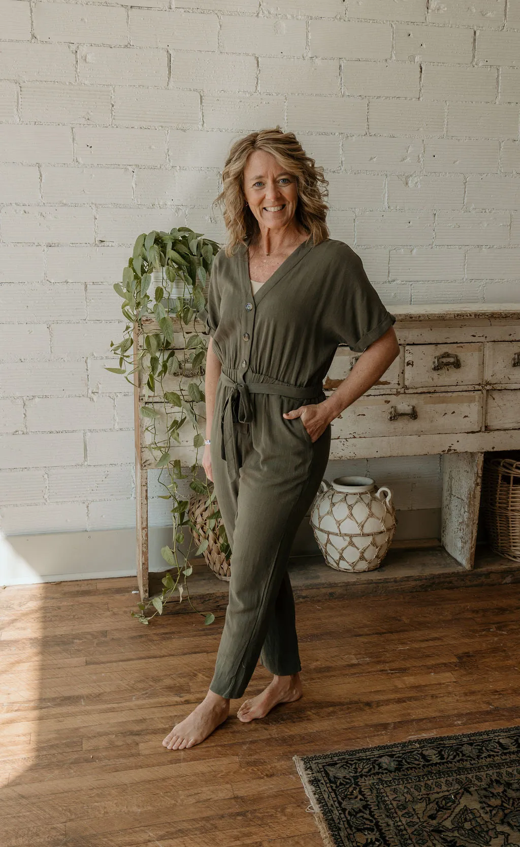 DELILAH OLIVE BUTTON DOWN JUMPSUIT