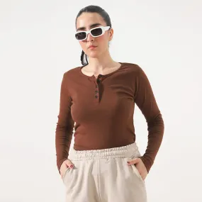 Earthy Brown Long Sleeve Ribbed Henley