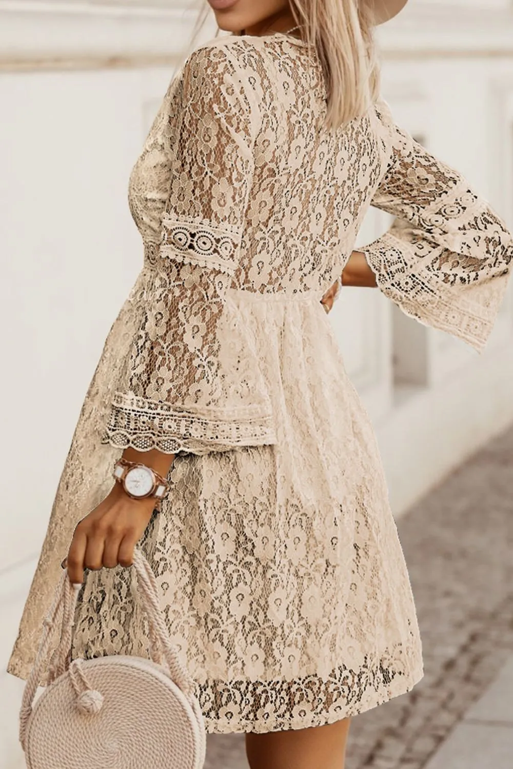 Explore More  Collection - Lace V-Neck Three-Quarter Sleeve Dress