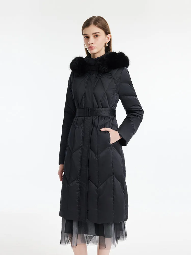 Gathered Waist Long Goose Down Garment With Faux-Fur Collar