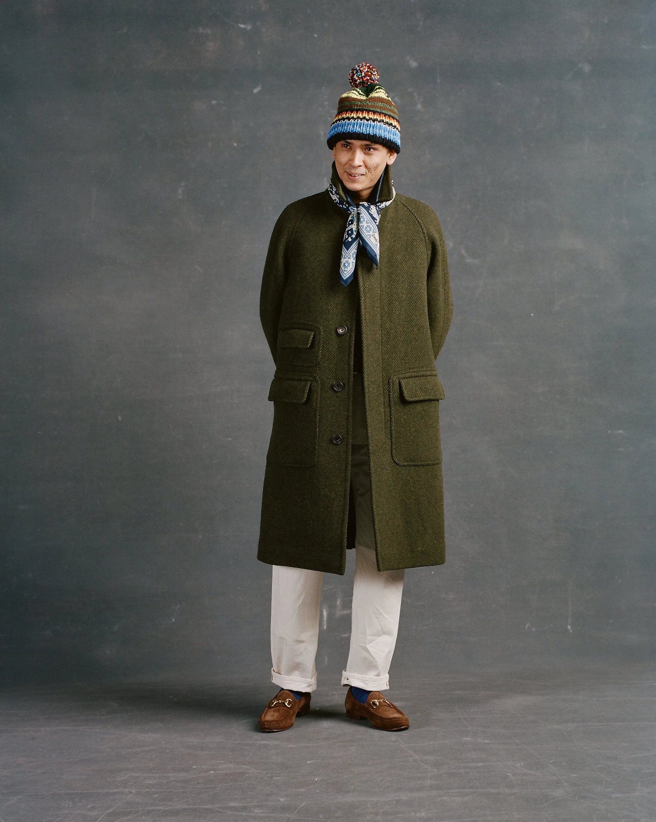 Green Donegal Wool Twill Raglan Coat