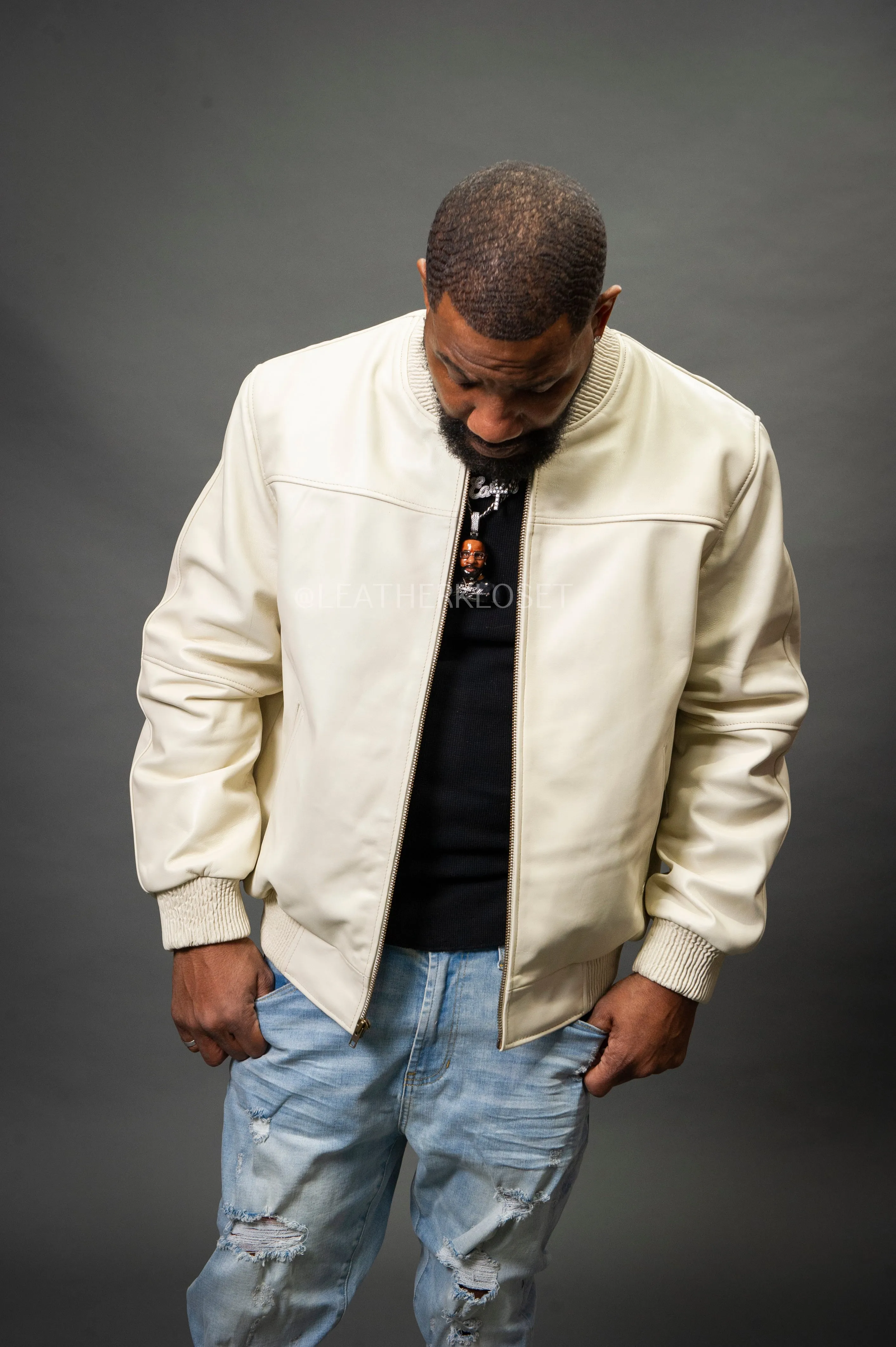 Men's Classic Baseball Leather Jacket [Beige]