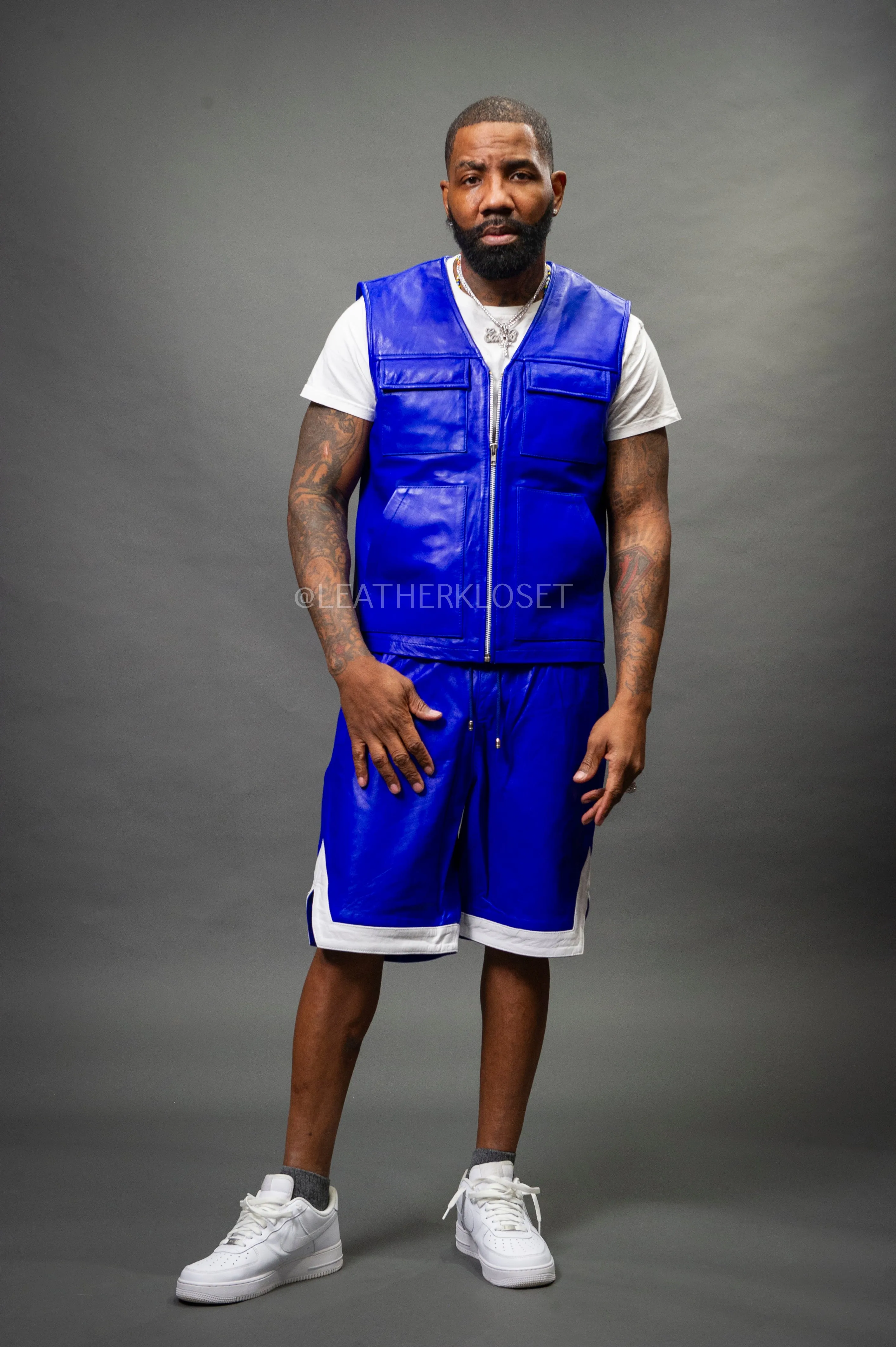 Men's Leather Brooklyn Vest With Leather Basketball Shorts [Royal/White]