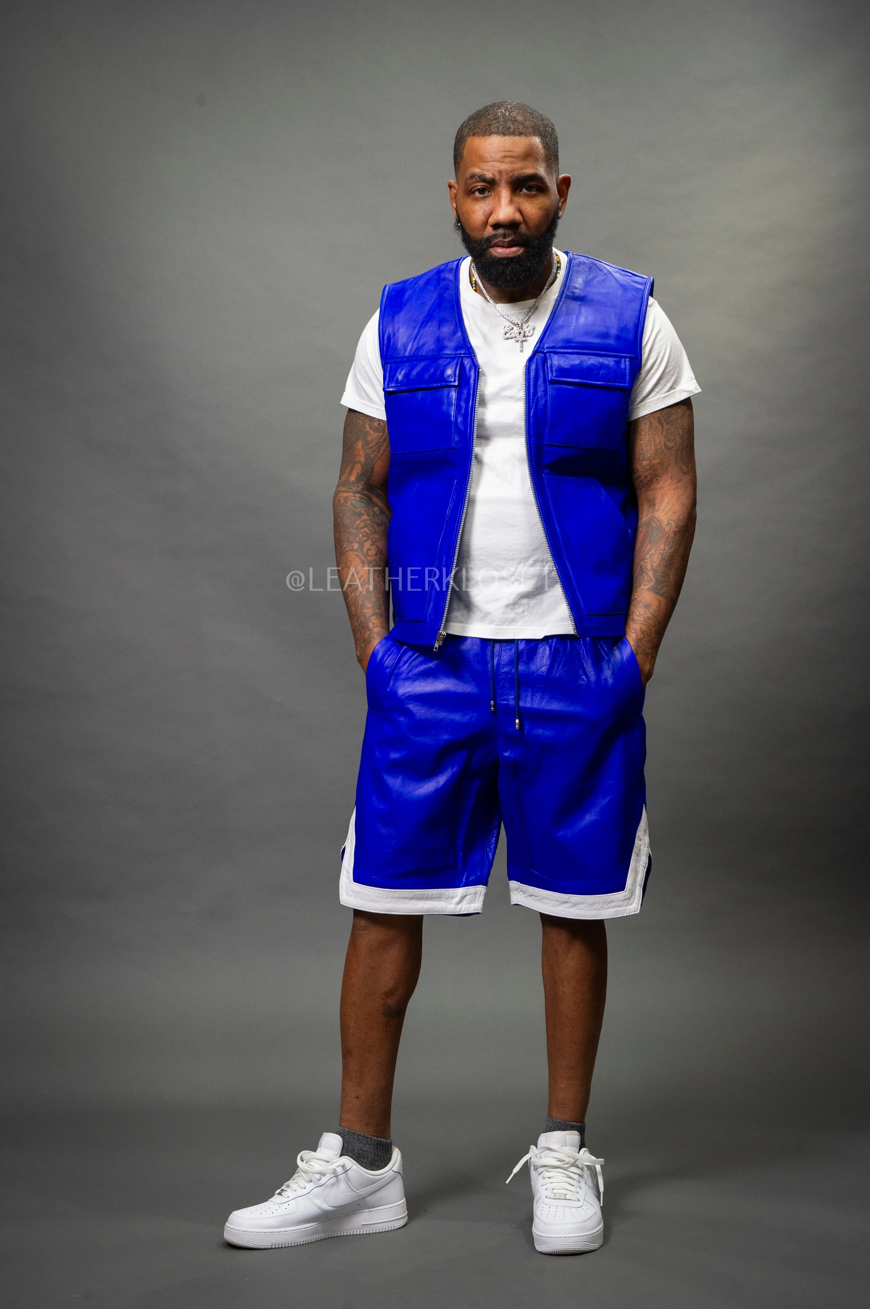 Men's Leather Brooklyn Vest With Leather Basketball Shorts [Royal/White]