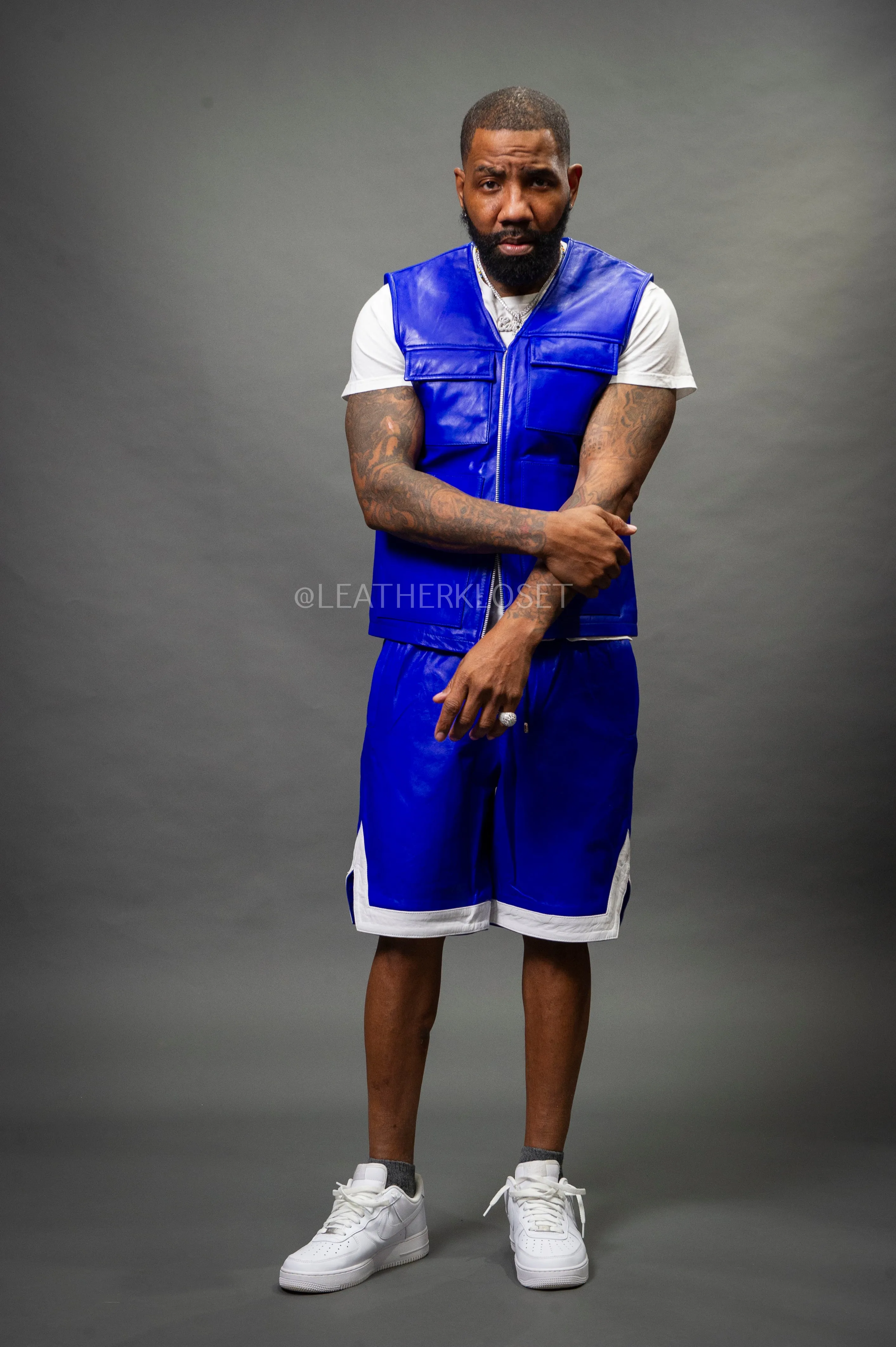 Men's Leather Brooklyn Vest With Leather Basketball Shorts [Royal/White]