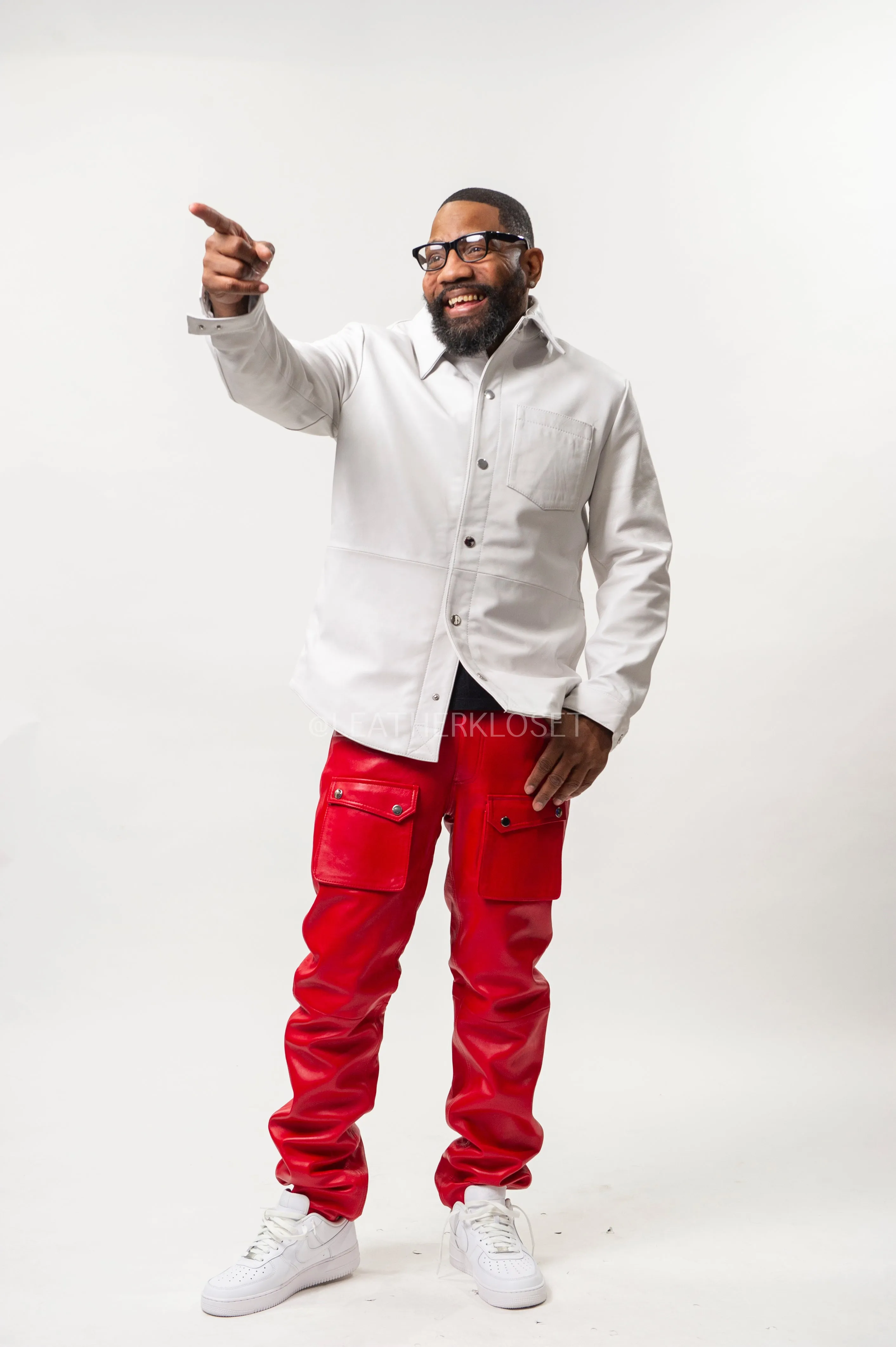 Men's Luka Leather Shirt And Pants Set [White/Red]