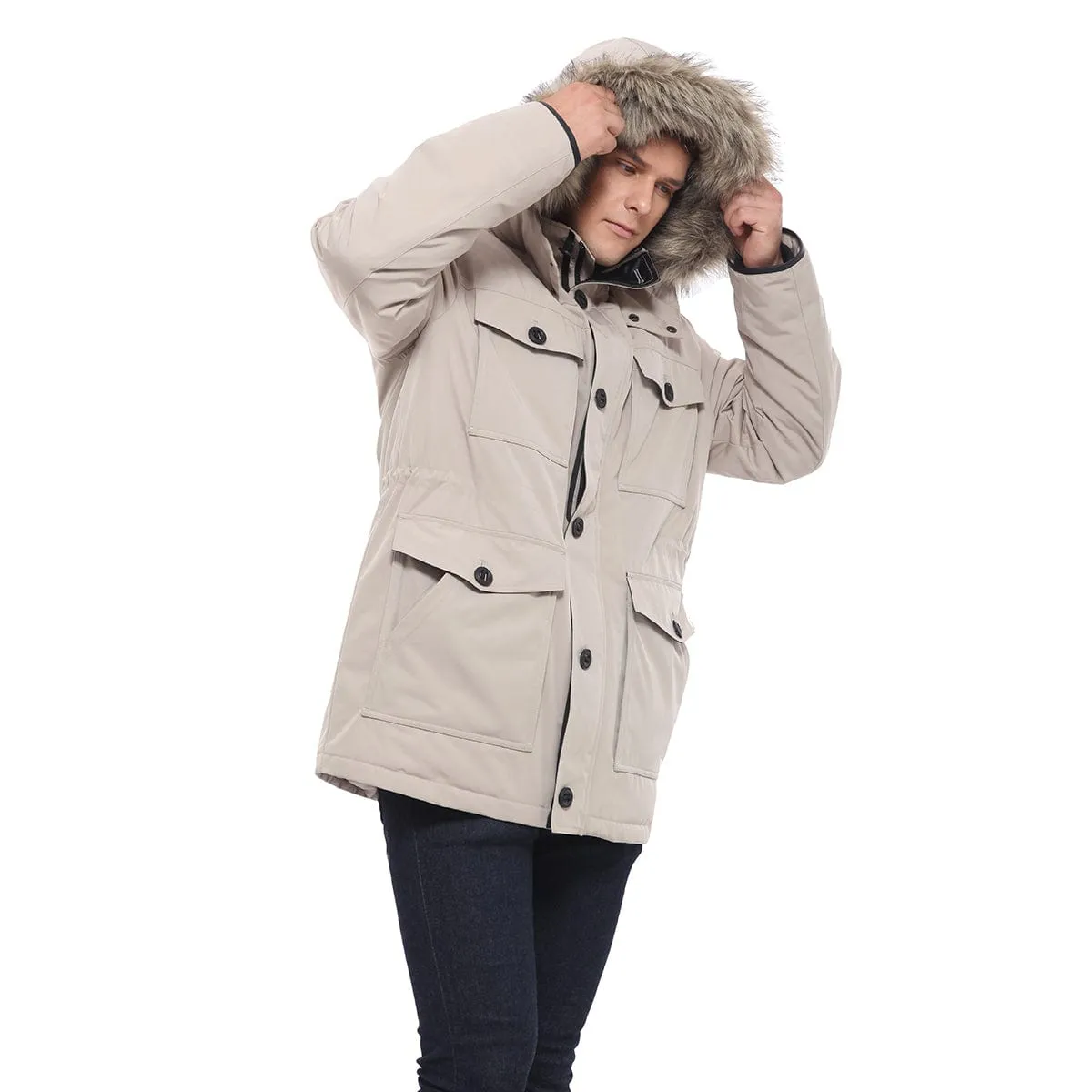 Men's Parka Jacket with Faux Fur Hood