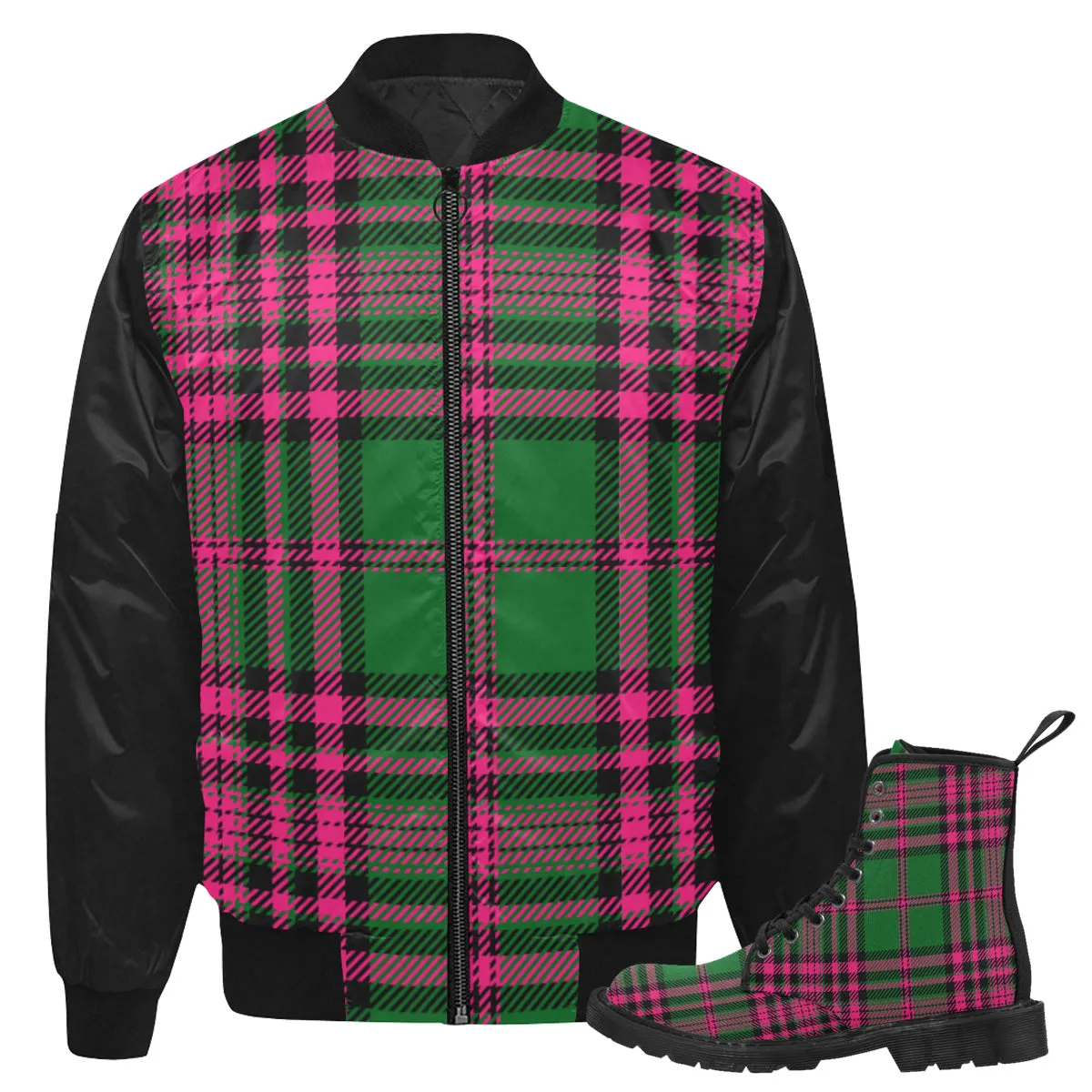 Pink Green Tartan Jkt & Boots Set