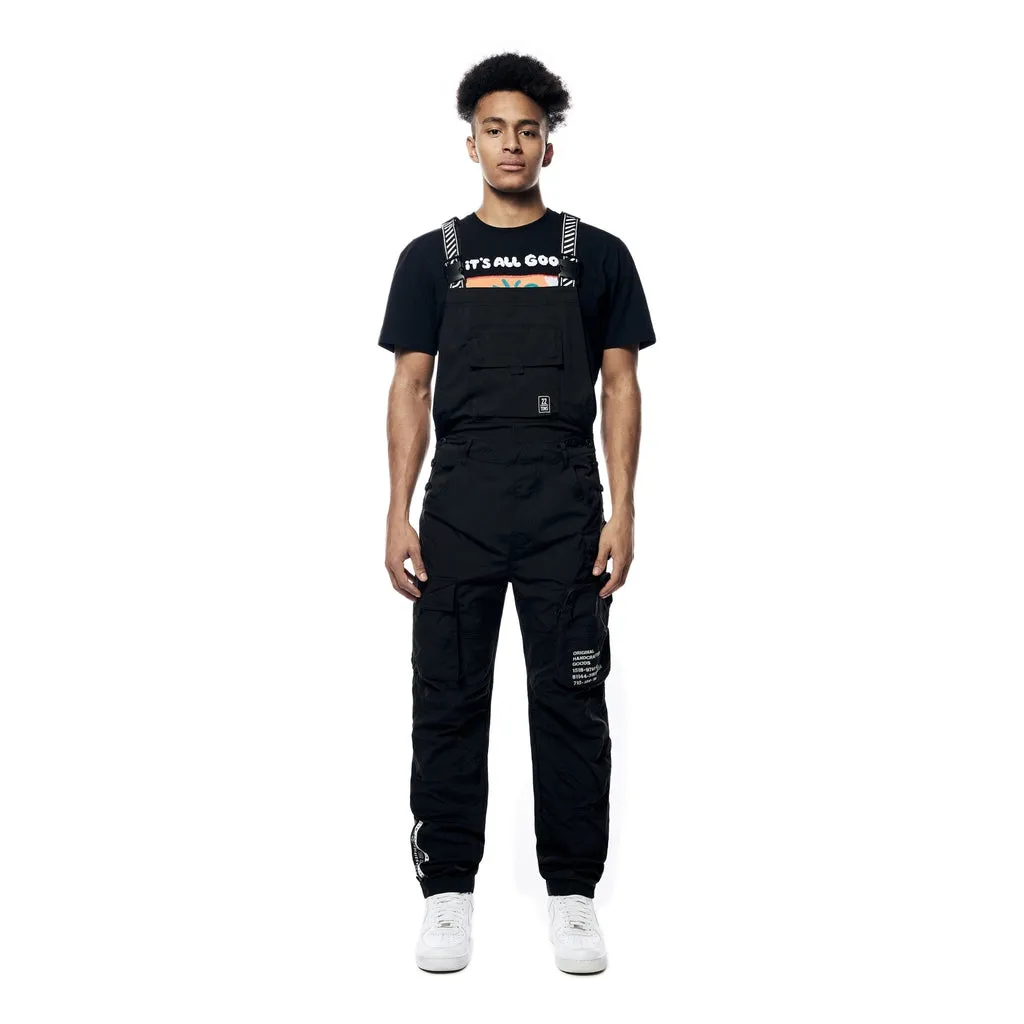 Tonal Color Block Windbreaker Utility Overalls - Black