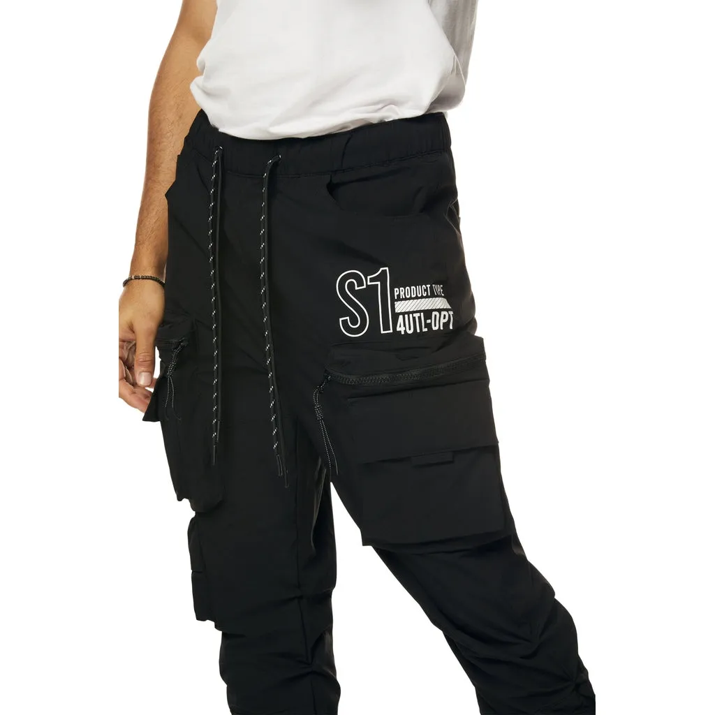 Utility Cargo Stacked Windbreaker Pants - Black