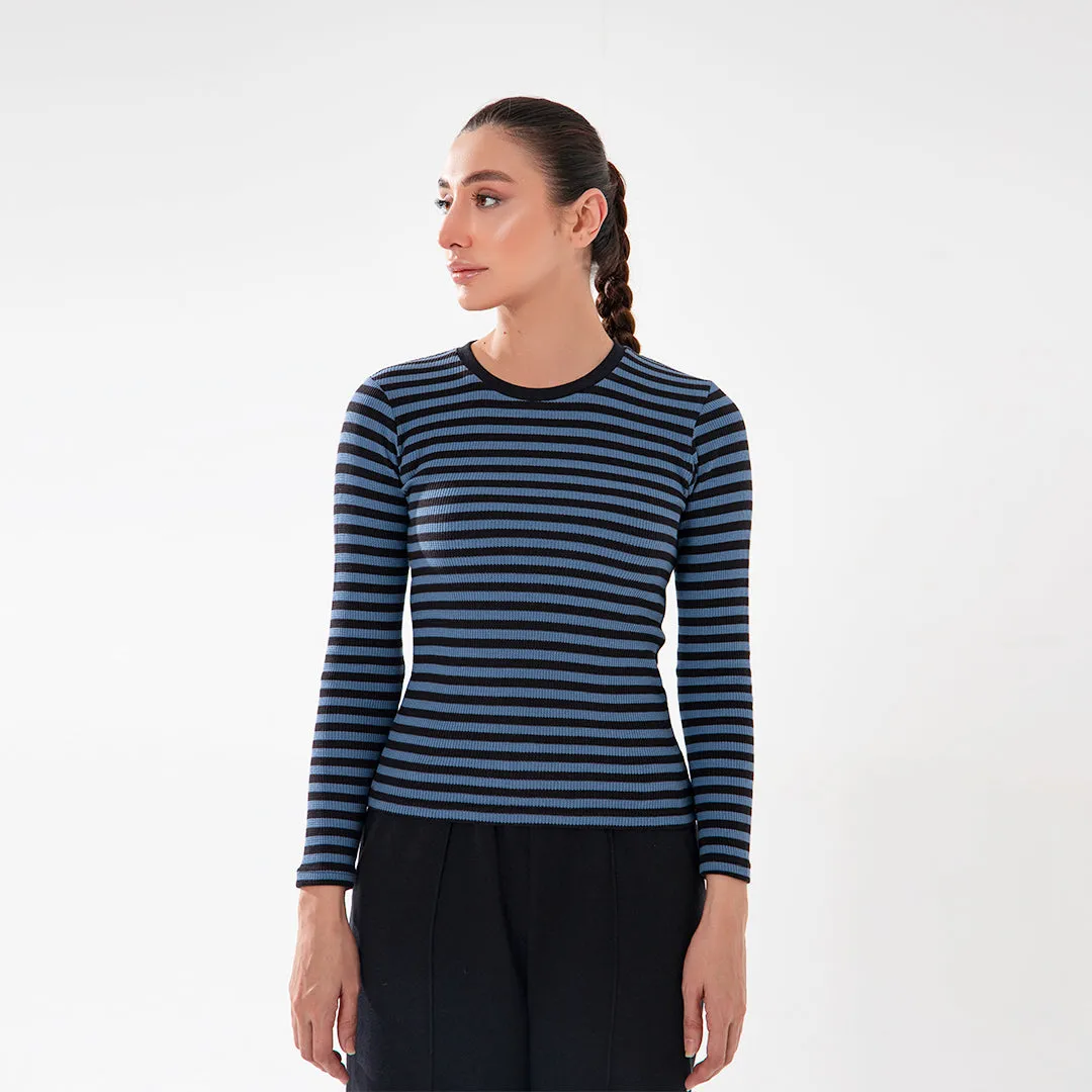 Women Blue Stripped Waffle Knit Top